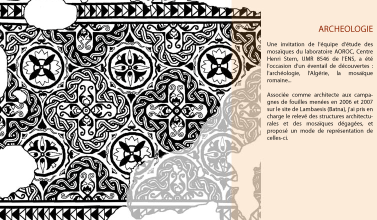 Dessin d'un pavement de mosaïque et texte de présentation des pages ARCHEOLOGIE